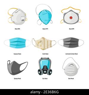 Facial masks and covering types, coronavirus covid Stock Vector