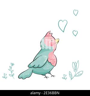 Little Green Bird Stands Watching Up with Love Stock Vector