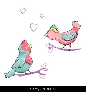 Cartoon Birds Flirt Standing on Tree Branches Stock Vector