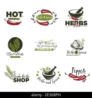 Hot chilli pepper, herbs and spices labels vector Stock Vector