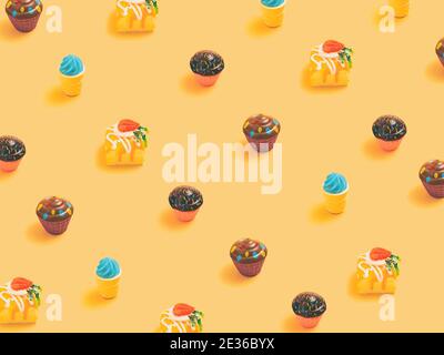 Minimal  concept.Trendy Candy pattern made with various  candy bright light yellow background Stock Photo