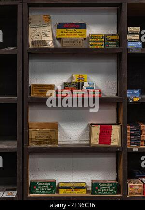 Placerville, USA - November 25, 2020: Vintage shotgun shells cartridge boxes by Remington, Winchester and other ammunition manufacturers at a gun shop Stock Photo