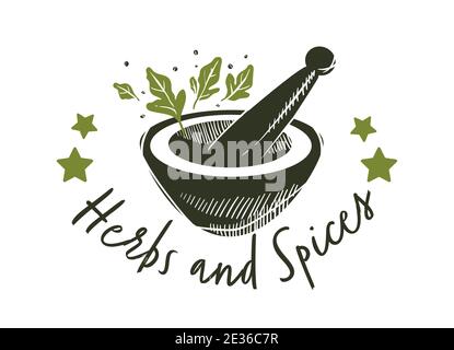 Herbs and spices, bowl with leaves and powder Stock Vector