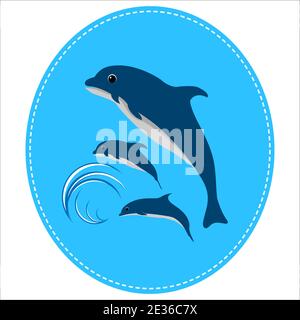 cute dolphin fish happy jumping with wave in circle logo isolated white background vector illustration Stock Vector