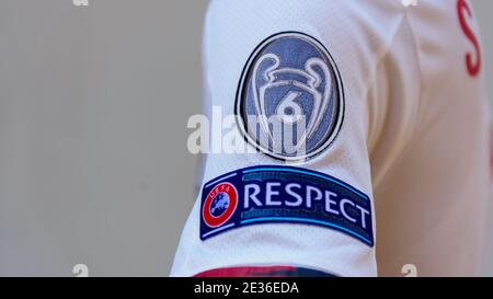 Bangkok,Thailand - 19 Decemmber, 2020: UEFA Champions League Winners Badge on white shirt kit Stock Photo