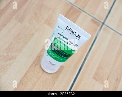 GOMEL, BELARUS - JANUARY 17, 2021: Shampoo VICHY DERCOS. Vichy (full Vichy Laboratoires) is a French cosmetics brand. Stock Photo