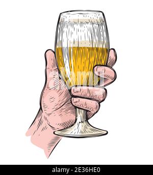 Hand hold a glass of beer. Alcoholic beverage vector illustration Stock Vector