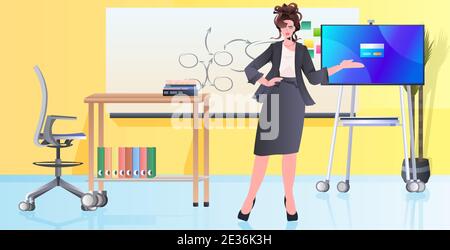 businesswoman making presentation on computer monitor business woman working in cabinet modern office interior horizontal full length vector illustration Stock Vector