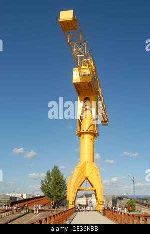 The Titan Jaune, a yellow harbour crane built in  19654, displayed at the Île de Nantes, Nantes, France Stock Photo