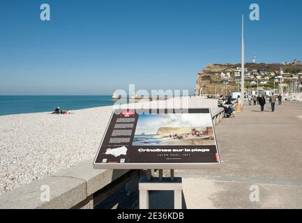 The beach promenade of Fécamp features reprints of famous painting painted there. Stock Photo