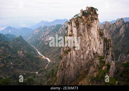 Shixin Beginning-to-Believe peak in Huangshan mountain, known as Yellow mountain, Anhui, China. Stock Photo