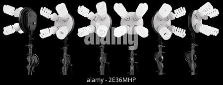 4 lightbulbs in lamp holder on studio stand isolated on black background with clipping path. 3D rendering and illustration of professional light equip Stock Photo