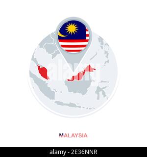 Malaysia map and flag, vector map icon with highlighted Malaysia Stock Vector