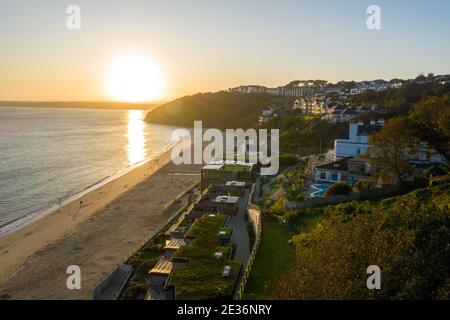 Aerial image of Carbis Bay Hotel looking into the dawn light Stock Photo