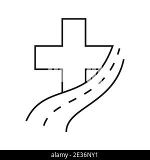 Christian cross icon with road icon. Vector illustration. Travel conceptual icon. Christian cross icon in flat linear design Stock Vector