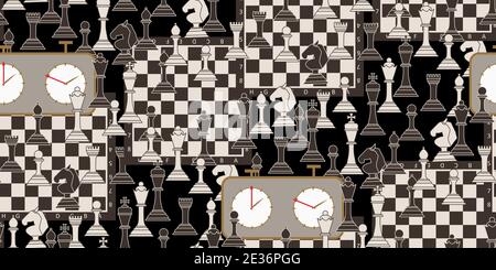 Seamless pattern with chess pieces. Monochrome flat king, queen, bishop, knight, rook, pawn, chess board and chess clock. Perfect for textile, wallpap Stock Vector