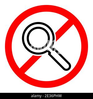 Stop or ban red round sign with magnifier icon. Vector illustration. Forbidden sign. Search concept Stock Vector