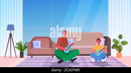 young father teaching little son to play guitar parenting fatherhood concept dad spending time with his kid living room interior full length horizontal vector illustration Stock Vector