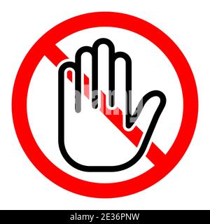 Stop or ban red round sign with hand icon. Vector illustration. Forbidden sign. Touch with hands is prohibited Stock Vector