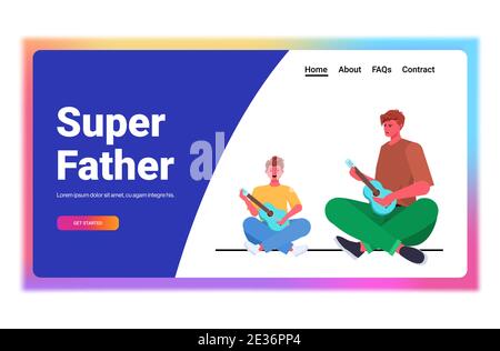 young father teaching little son to play guitar parenting fatherhood concept dad spending time with his kid full length horizontal copy space vector illustration Stock Vector