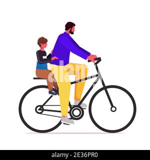 young father riding bike with little son parenting fatherhood concept dad spending time with his kid full length vector illustration Stock Vector