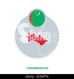 Turkmenistan Map with Round Turkmenistan Flag Pin Pointer on Circular ...