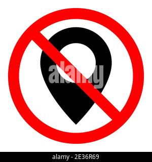 No GPS icon. Map pointer ban icon. Award is prohibited. Stop or ban red round sign with GPS pin icon. Vector illustration. Stock Vector