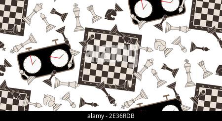 Seamless pattern with chess pieces. Monochrome flat king, queen, bishop, knight, rook, pawn, chess board and chess clock. Perfect for textile, wallpap Stock Vector