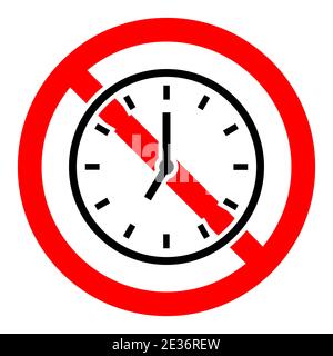 Clock is prohibited. Stop or ban red round sign with clock icon. Vector illustration. Forbidden sign. Stock Vector