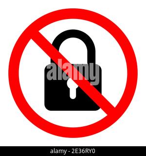 No lock icon. Blocking icon. Lock is prohibited. Stop or ban red round sign with padlock icon. Vector illustration. Stock Vector