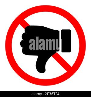Thumb down is forbidden. Thumb down with ban icon. Dislike icon. Stop or ban red round sign with reject icon. Vector illustration. Stock Vector