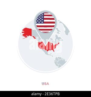 United States of America map and flag, vector map icon with highlighted USA Stock Vector