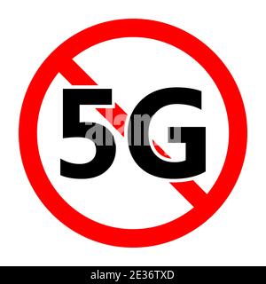 5G mobile networks ban icon. 5G signal is prohibited. Stop or ban red round sign with 5G internet icon. Vector illustration. Forbidden sign. Stock Vector