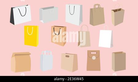 Vector Isolated Set of Shopping bags and Paper Bags, Different Shapes and Colors Stock Vector