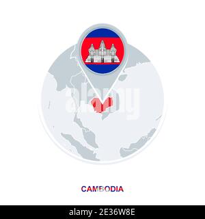 Cambodia map and flag, vector map icon with highlighted Cambodia Stock Vector