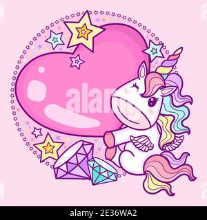 Cute cartoon rainbow unicorn holding a heart. Children s design. Vector Stock Vector
