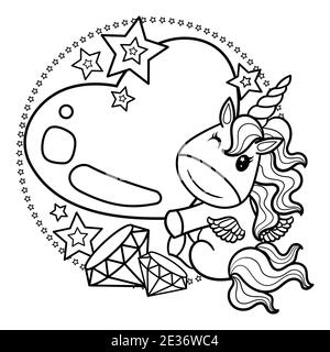 A cute, cartoon unicorn holding a big heart. Black and white children s illustration for coloring. Vector Stock Vector