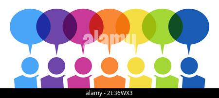 EPS vector illustration of seven different colored team people with speech bubbles over their head and free space for text Stock Vector