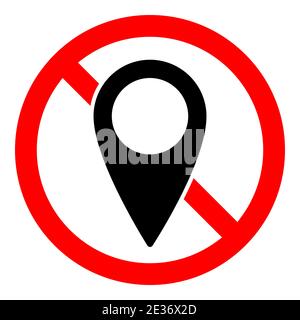 No GPS icon. Map pointer ban icon. Award is prohibited. Stop or ban red round sign with GPS pin icon. Vector illustration. Stock Vector