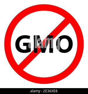 GMO ban icon. GMO is prohibited. Stop or ban red round sign with GMO icon. Vector illustration. Forbidden sign. Stock Vector