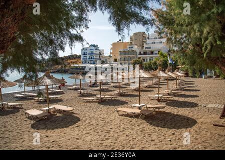 Agios Nikolaos, Crete, Greece - 18 October, 2020. Blue flag Kitroplateia Beach in the center of Agios Nikolaos , Crete, Greece Stock Photo