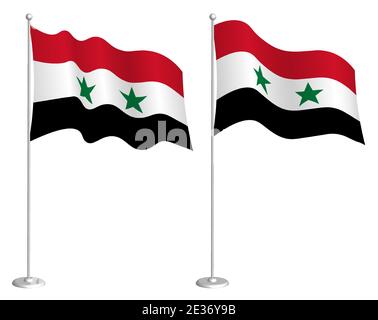 Syria flag on flagpole waving in wind. Holiday design element. Checkpoint for map symbols. Isolated vector on white background Stock Vector