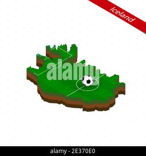 Isometric map of Iceland with soccer field. Football ball in center of football pitch. Vector soccer illustration. Stock Vector