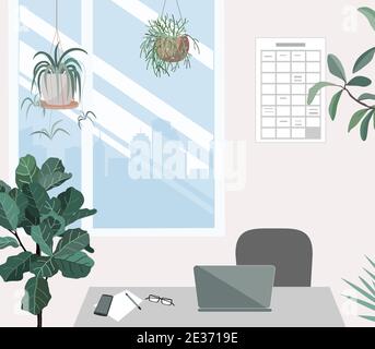 Modern workplace with chair, table, notebook, window, and plants. Empty home office interior. Nobody in cabinet space. Work place for quarantine and Stock Vector