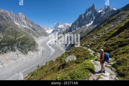 Climber on hiking trail, Grand Balcon Nord, glacier tongue Mer de Glace, behind Grandes Jorasses, Mont Blanc massif, Chamonix, France Stock Photo