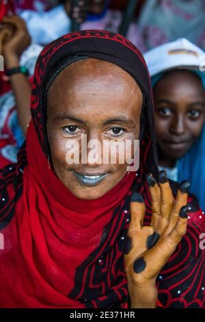 Colourful dressed toubou woman, portrait, tribal festival Place de la Nation, N'Djamena, Chad Stock Photo