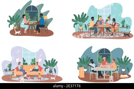 Weekends entertainment at home 2D vector web banner, poster set Stock Vector