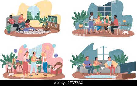 Friends have fun at home party 2D vector web banner, poster set Stock Vector