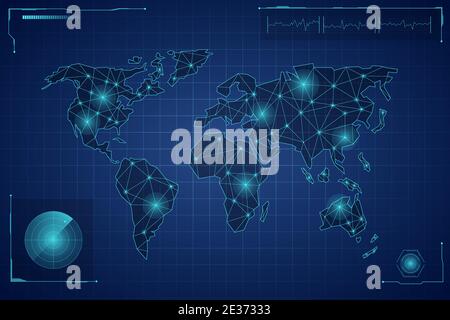 Techno world map. Digital continents with rays meredians and ocean grid futuristic global continents. Stock Vector