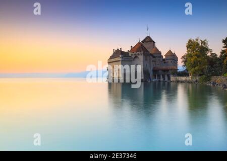 Attraction, Chateau de Chillon, Chillon, Lake Geneva, evening, dusk, twilight, mood, atmospheric, sunset, Lac Leman, Le Leman, reflection, castle Stock Photo